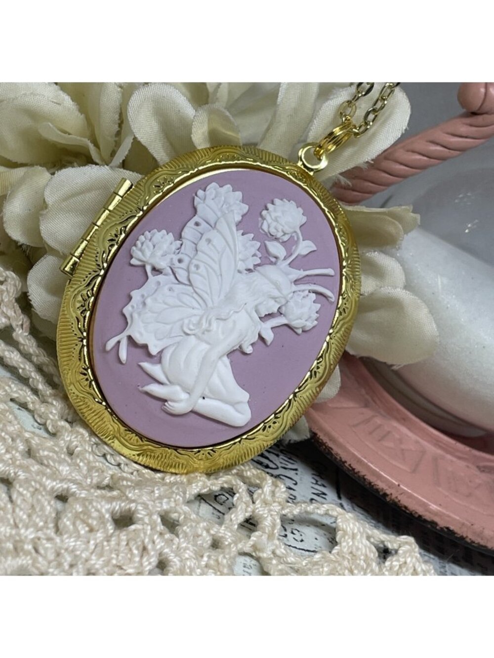 Birthday  Gold Fairy Flower Butterfly Cameo Locket Necklace anniversary birthday